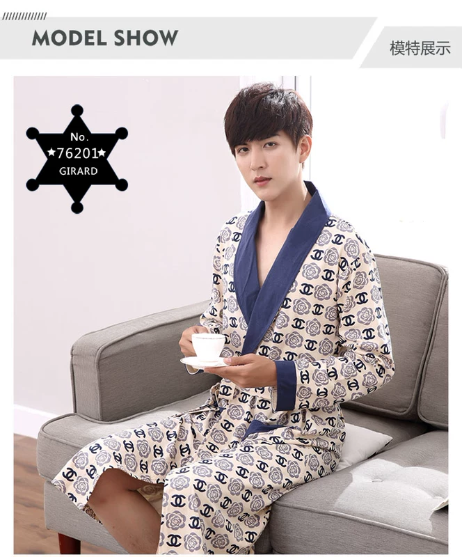 Áo choàng mùa thu và mùa đông thanh niên nam trung niên áo ngủ dài tay áo choàng dài mùa xuân và mùa thu cotton đồ ngủ cotton dịch vụ nhà đồ ngủ voan mỏng
