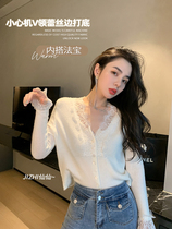  Qiu Meiyao June 1 new sewing machine v-neck lace stitching bottoming shirt womens short inner knitted cardigan