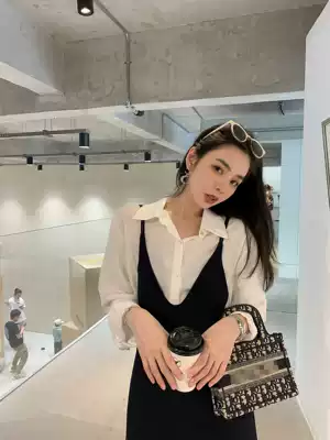 Qiu Meiyao June 1 2020 autumn new V-neck temperament long skirt waist thin sleeveless suspender dress female