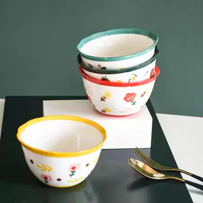 Korean Lotus mouth ramen bowl instant noodle bowl oven ceramic soup bowl home hand-painted creative personality fruit salad bowl