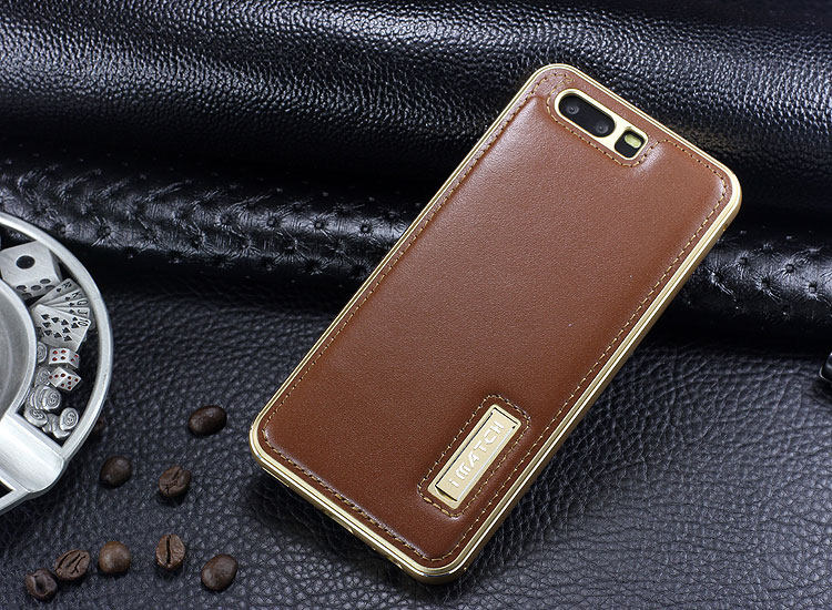 iMatch Luxury Aluminum Metal Bumper Premium Genuine Leather Back Cover Case for Huawei P10 Plus & Huawei P10