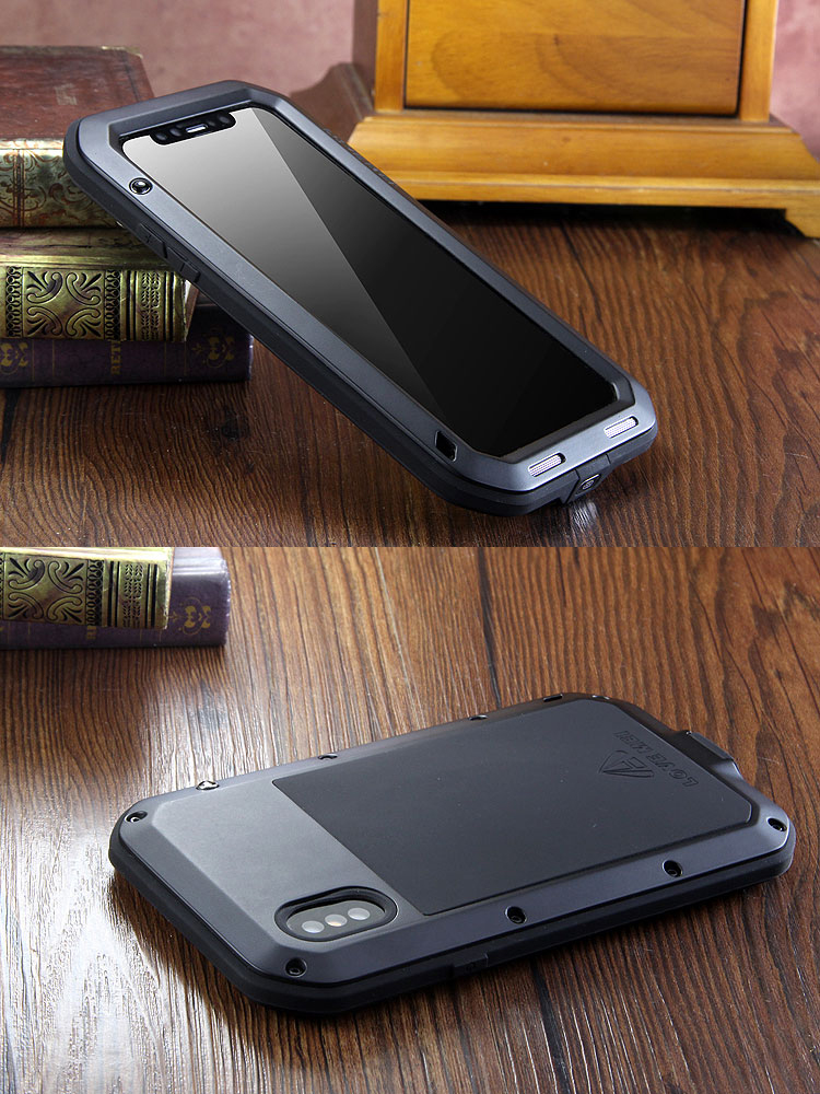 LOVE MEI Powerful Water Resistant Shockproof Dust/Dirt/Snow Proof Aluminum Metal Outdoor Gorilla Glass Heavy Duty Case Cover for Apple iPhone X