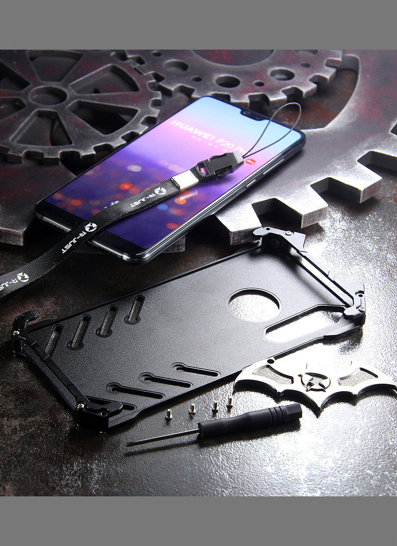R-Just Batman Shockproof Aluminum Shell Metal Case with Custom Batarang Stent for Huawei P20 & Huawei P20 Pro & Huawei P20 Lite & Huawei nova 3e