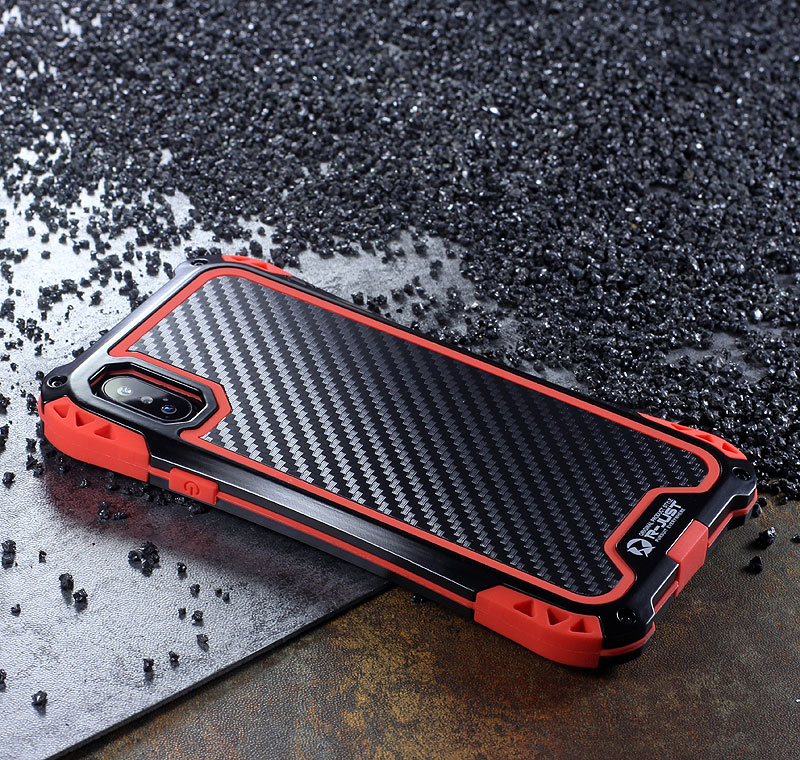 R-Just Amira Heavy Duty Dirtproof Shockproof Rainproof Aluminum Metal Bumper Carbon Fiber Back Cover Case for Apple iPhone X