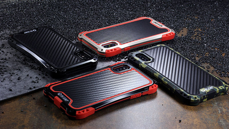 R-Just Amira Heavy Duty Dirtproof Shockproof Rainproof Aluminum Metal Bumper Carbon Fiber Back Cover Case for Apple iPhone X