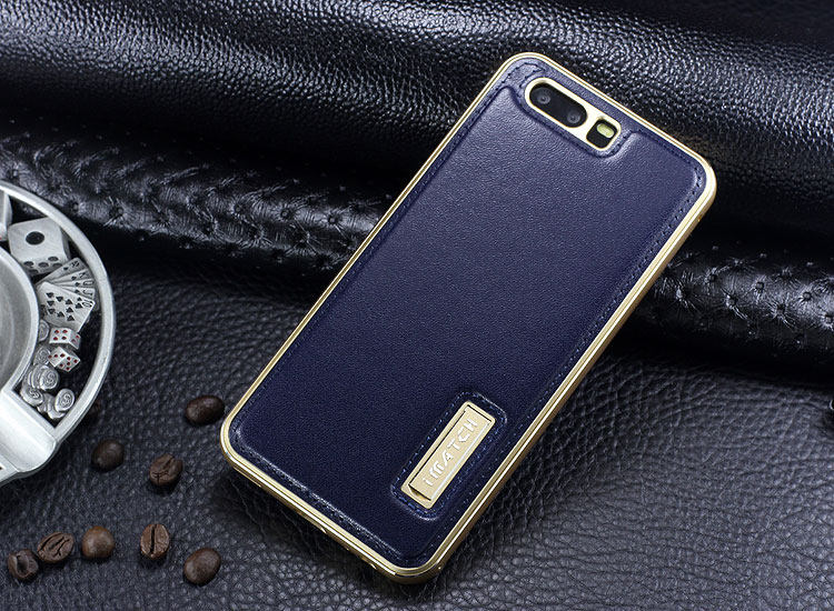 iMatch Luxury Aluminum Metal Bumper Premium Genuine Leather Back Cover Case for Huawei P10 Plus & Huawei P10