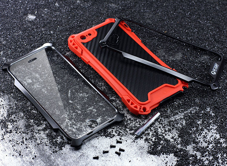 R-JUST Amira Heavy Duty Dirtproof Shockproof Rainproof Aluminum Metal Bumper Carbon Fiber Back Cover Case for Apple iPhone 6S/6 & iPhone 6S Plus/6 Plus & iPhone SE/5S/5