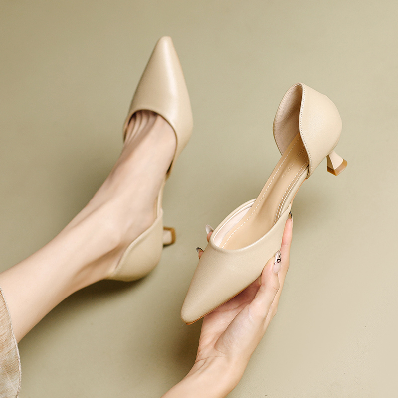 Nude Toe-Cap Sandals for Women, Summer French Style, New Hollow Pointed Toe, Off-White High Heels, Comfortable Low-Heeled Shoes
