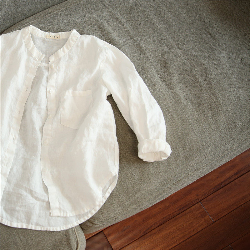 Lacquer Episode Spring Autumn New Paddie Children's clothing male and female linen long sleeve white shirt Children's cotton linen Leisure stand shirt parent-child-Taobao