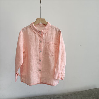 Qiji Spring and Autumn New Children's Clothing, Linen Casual Long-Sleeved Shirt for Older Children, Girls' Cotton-Linen Japanese-Style Pink Shirt