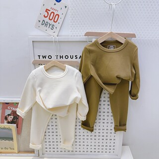 New Spring, Autumn, and Winter Children's Clothing, Pure Cotton Thickened Base Layer Underwear Set for Boys and Girls, Solid Color Autumn Clothes and Pants, Parent-Child Matching