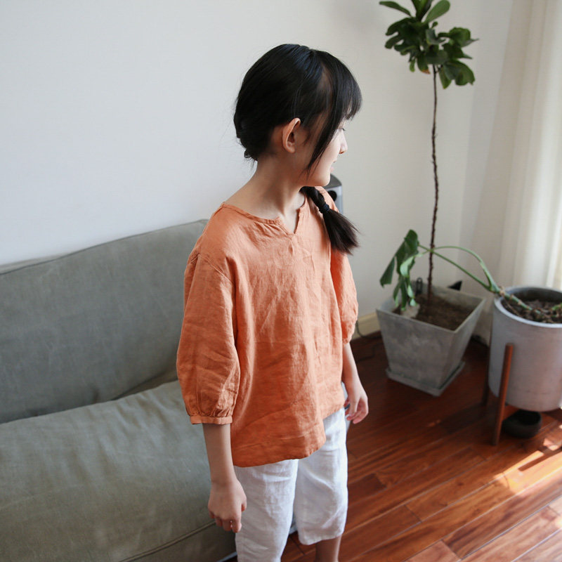 New children's clothing summer Middle Child solid color cotton linen short sleeve T-shirt girl art fan leisure linen T-shirt