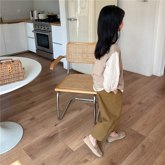 Qiji spring and autumn new children's clothing girls' nine-point pants solid color Japanese medium and large children's casual pure cotton pants literary style