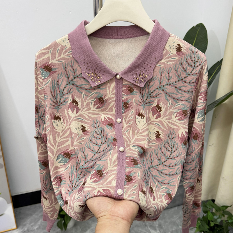 Trendy Long-Sleeved Knit Top for Mothers, Suitable for Women in Their 50S and 60S, Spring and Autumn Pullover T-Shirt for Elderly Ladies