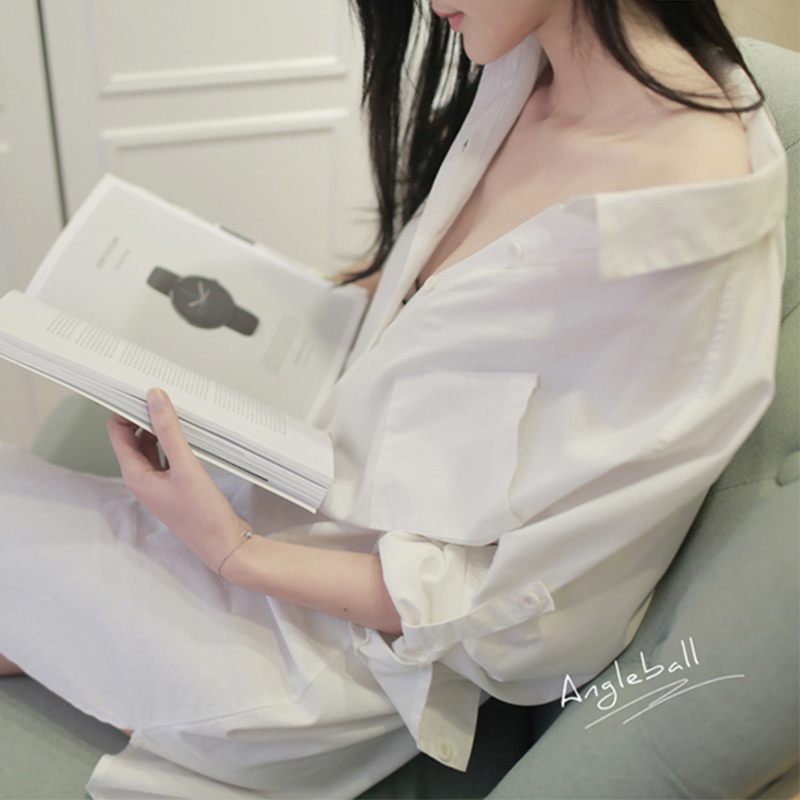 White Shirt Pajamas for Women, Boyfriend Style, Mid-Length, Loose-Fitting, Pure Cotton Cardigan Nightgown, High-End Sexy Shirt That Can Be Worn Outside