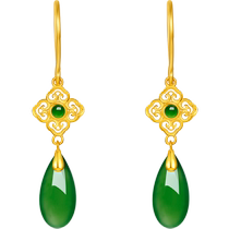 Saturday Blessing Jewelry Gold Inlaid Jade Earrings Womens Gold Pure Gold Hetian Jasper Water Drop Ear Hook Earrings Chinese Valentines Day Gift