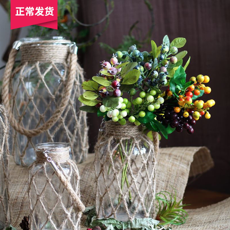 (Mountain Trees) American Countryside Handmade Woven Hemp Rope Mesh Glass Vases Decorative Bottle Inserts Vases Autumn Winter