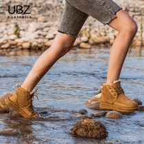 UBZ waterproof snow boots womens shoes autumn and winter 2021 new leather plus velvet thick non-slip lace-up thick cotton short boots