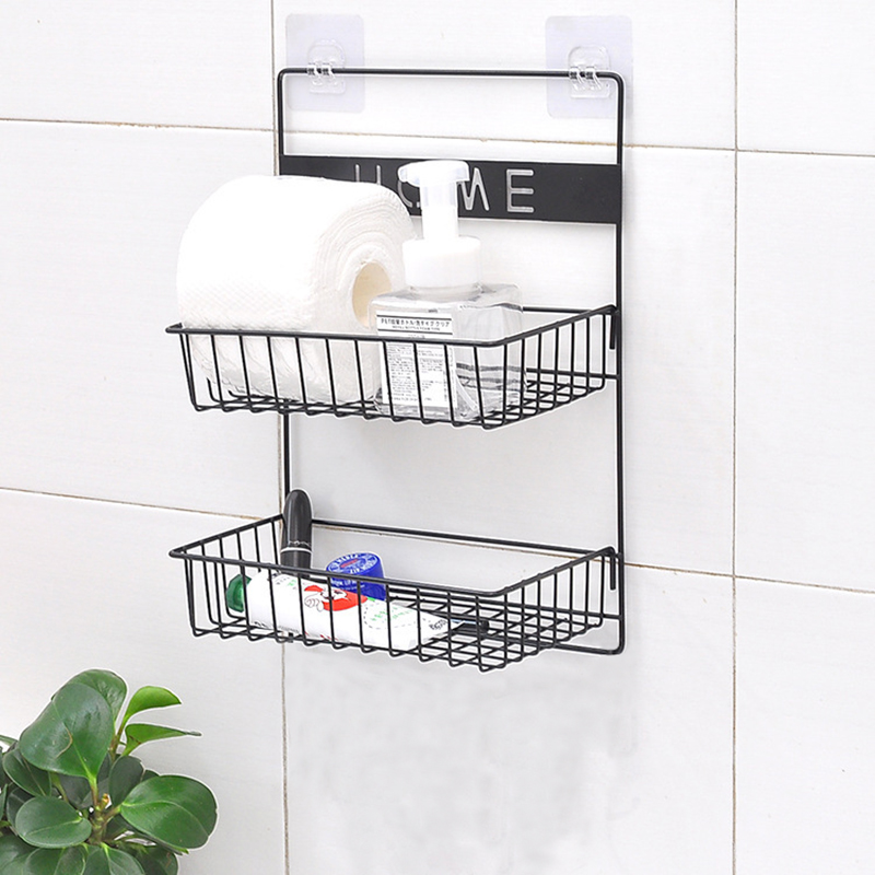 Wall shelf Hole-free kitchen bathroom powder room Wall-mounted bedroom cosmetics storage shelf Wrought iron double layer