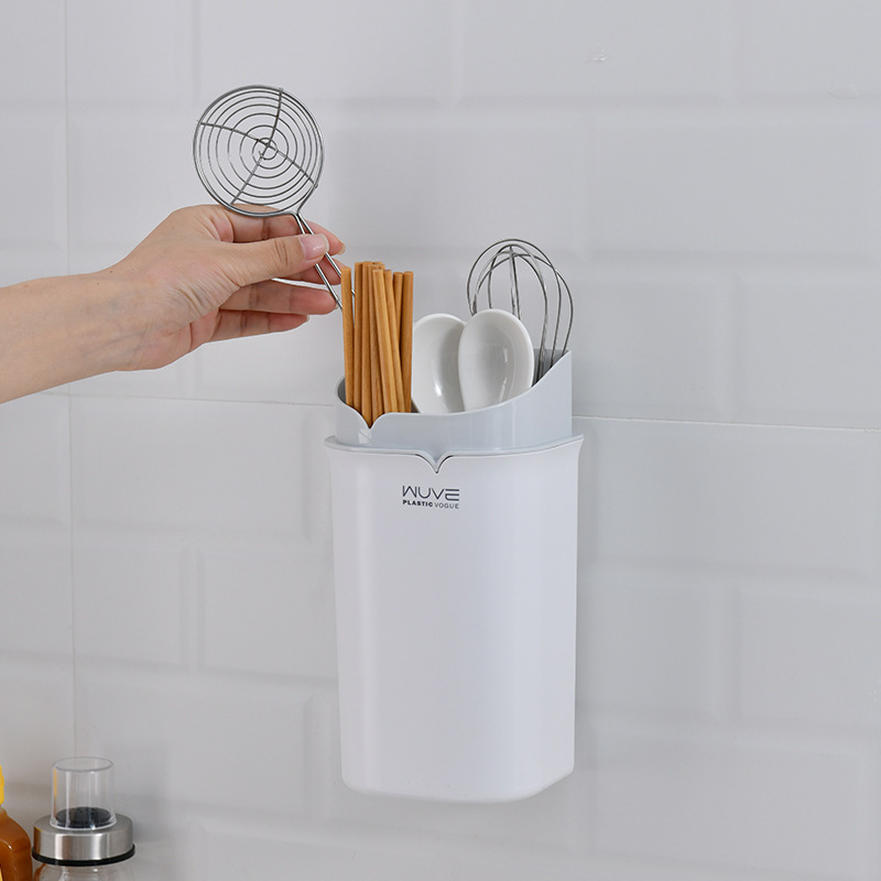 Simple home no hole dustproof wall-mounted chopstick cage kitchen double drain grid tableware storage box four colors