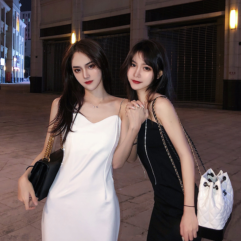 Diamond Chain Dress for Women, Summer, Spring and Autumn, Black, Sexy, Discreet, Waist-Cinching, Slimming, Elegant, White Spaghetti Strap Dress