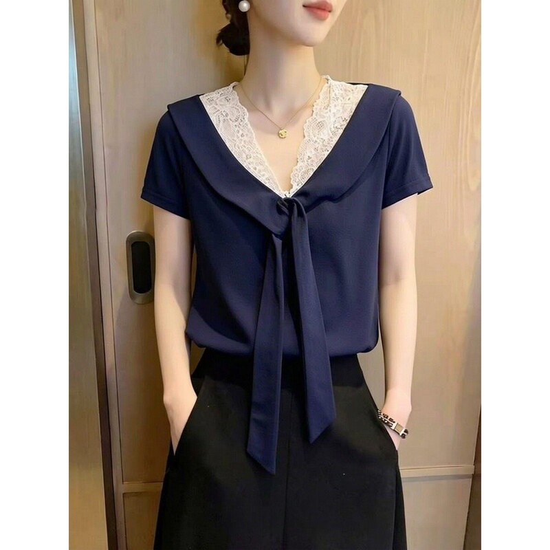 Outlet Clearance French-Style Short-Sleeve Lace Patchwork Tie-Up Top for Women, Summer Deep Blue High-End Base Shirt