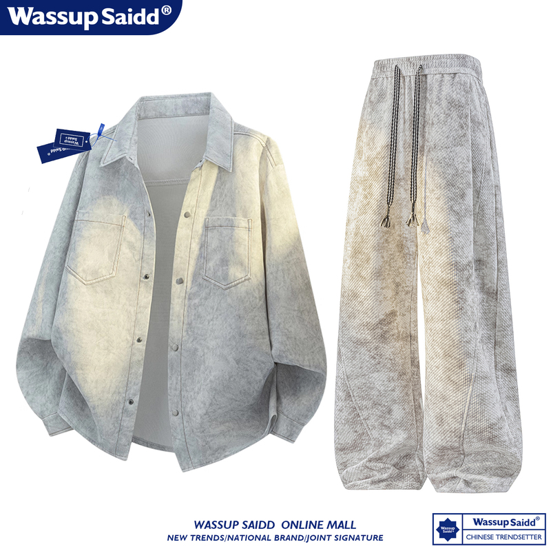 Wassup Saidd Trendy Brand Long-Sleeved Suit Men's American Retro Tie-Dye Shirt Casual Loose Two-Piece Set