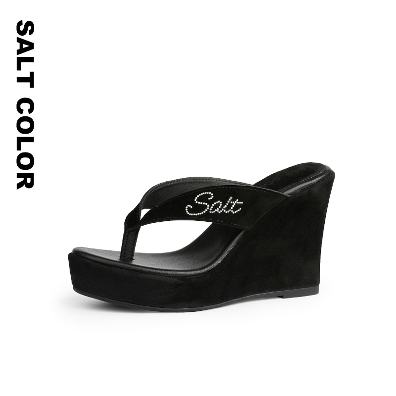 Saltcolor Round-Toe Flip-Flops with Rhinestones, Wedge Heels, Waterproof Platform, Women's High-Heeled Sandals, Versatile for Outdoor Wear