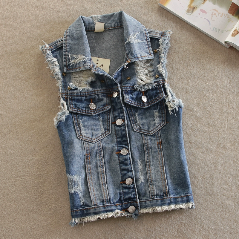 2018 mới mùa xuân denim vest nữ không tay áo khoác ngắn đinh tán lỗ kích thước lớn áo jacket vest Hàn Quốc phiên bản áo khoác dài nữ