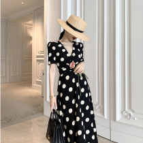 Micro Fat Big Code Belly Button Slim Fit Dress Fat mm2022 Summer Clothing Style Reduction Age Design Sensation Wave Dot Black Long Dress