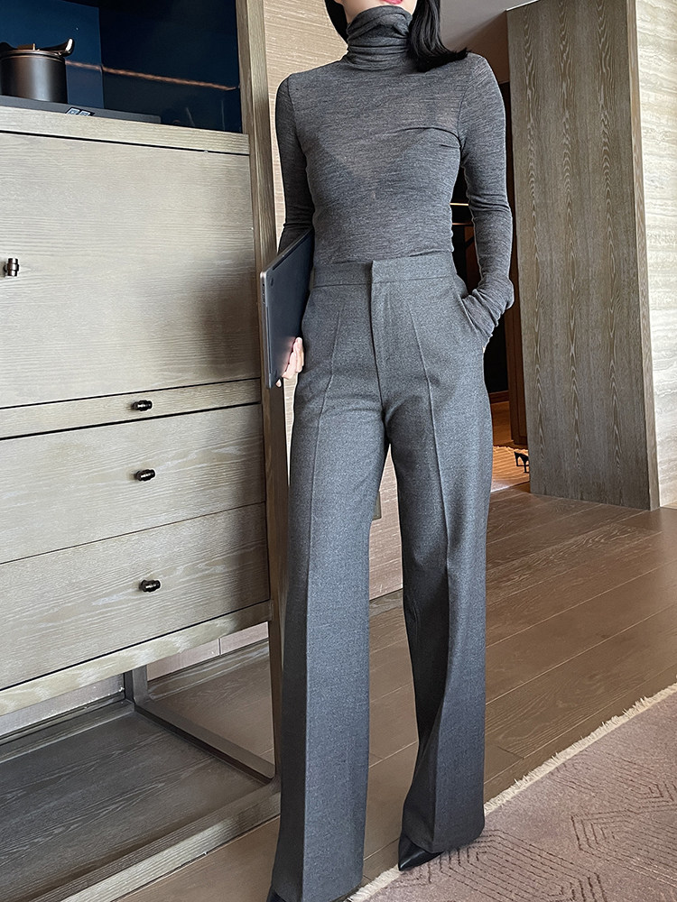 Gray trousers women's autumn and winter straight tube drape 2021 autumn style drape high-quality texture small suit pants