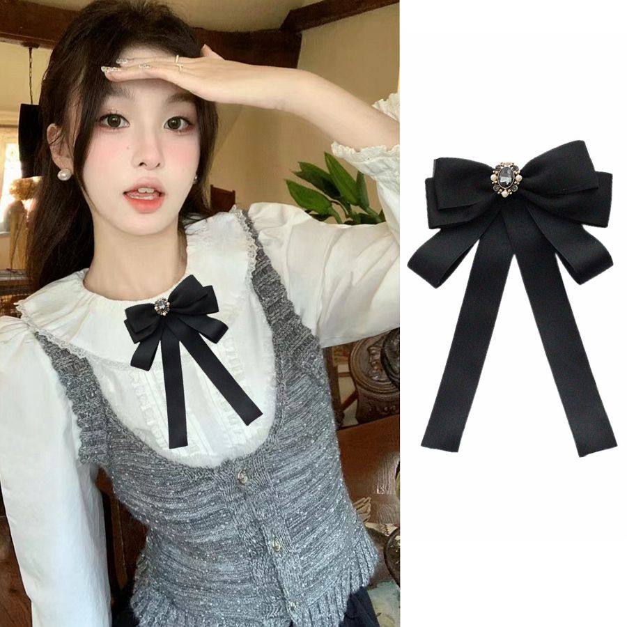 Women's bow tie, Chanel style, black, French chic, versatile, preppy, fashionable ribbon, vintage brooch, women's collar flower
