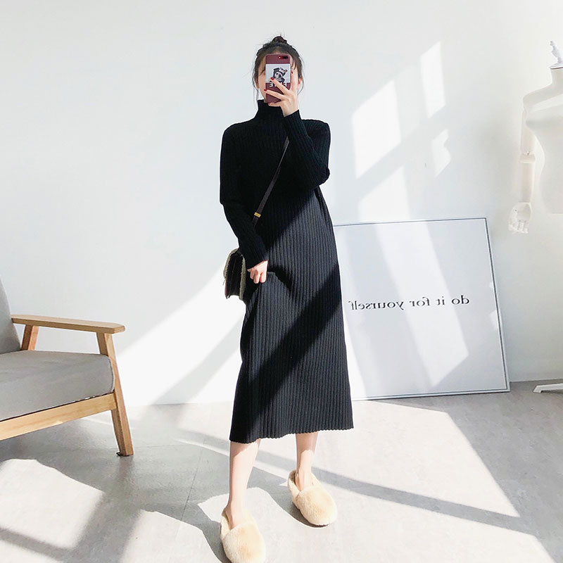 Spring and Autumn Long Sweater Dress, Over-The-Knee, Korean Style, Half-High Collar, Black Base Layer, Knitted Dress for Women, Loose and Thick