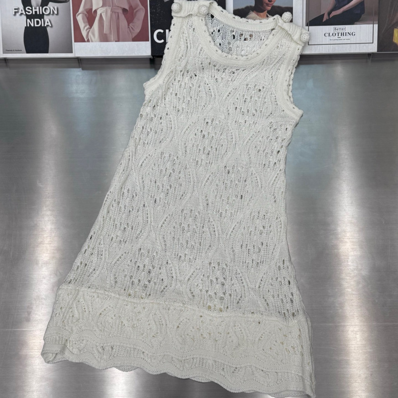 Trendy Bazaar Summer New Fashion Versatile Round Neck Sleeveless Knitted Hollow Dress Women's Crochet Long Dress