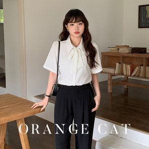 Plus-Size Bow Tie Business Attire Large Size White Regular Shoulder Shirt Short-Sleeve Shirt Interview Civil Servant Loose Shirt for Women