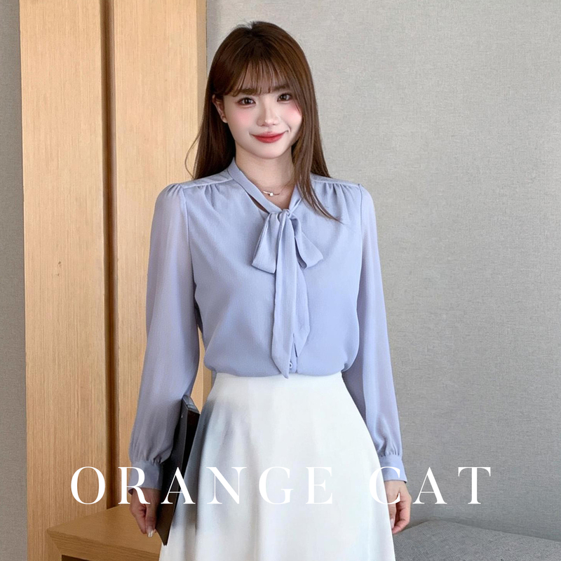 Plus-Size Korean-Style Elegant Ribbon Halter Neck Long-Sleeve Shirt for Women, Suitable for Office Wear, Secretary Style with Tie