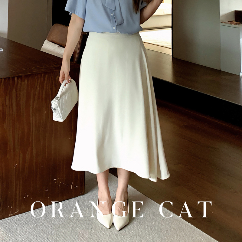 Little Orange Is a Cat, Plus-Size, High-End, Office Commute A-Line Skirt, Half Skirt, White Skirt 100kg Women