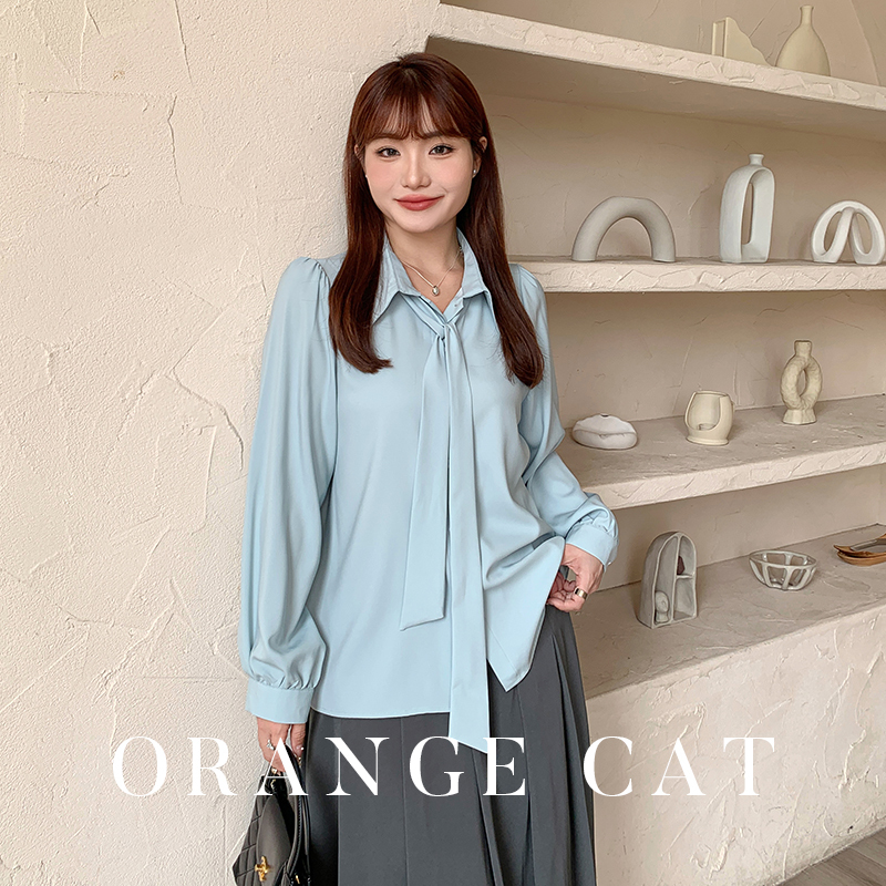Plus-Size, High-End, Loose-Fitting, Slimming Interview Professional Attire, Long-Sleeved, Regular Shoulder Shirt, Loose Blue Ribbon Shirt for Women