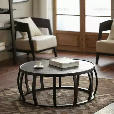 Round retro coffee table simple living room small round table fashion solid wood iron tea table simple creative tea table