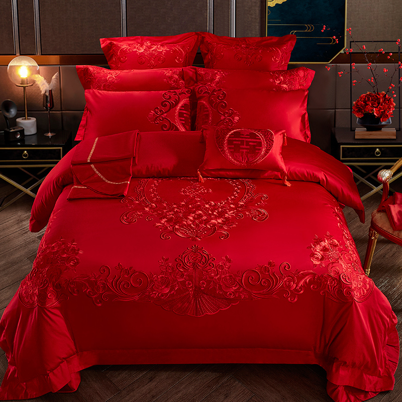 140S Count All-Cotton Wedding Four-Piece Set Embroidered Wedding Room Bedding Bright Red Wedding Quilt Sixty-Piece Set