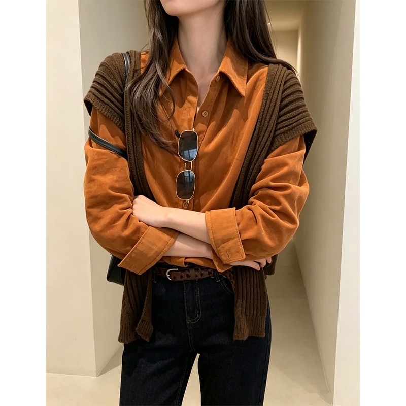 Orange Corduroy Shirt for Women, New Autumn and Winter Korean Style, Loose, Stylish and Elegant Top Jacket