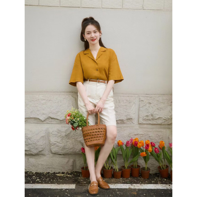 Elegant Pumpkin Orange Short-Sleeved Shirt for Women, 2026 Summer Design, Fashionable and Versatile, Cuban Collar, Pure Cotton Top Elegant Pumpkin Orange Short-Sleeved Shirt for Women, 2026 Summer Design, Fashionable and Versatile, Cuban Collar, Pure Cotton Top