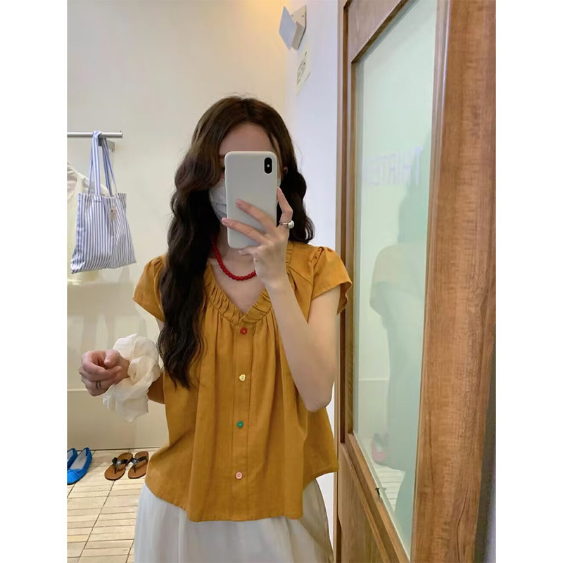 Dopamine Style Orange Flutter Sleeve Top 2026 Summer Design V-Neck Colorful Button Short-Sleeve Shirt for Women Dopamine Style Orange Flutter Sleeve Top 2026 Summer Design V-Neck Colorful Button Short-Sleeve Shirt for Women
