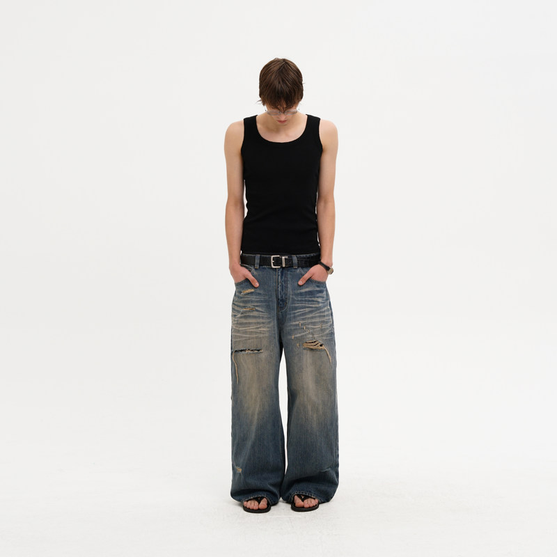Masonprince｜Wild Narrative Ghost Claw Cat Whiskers Faded Ripped Denim Pants