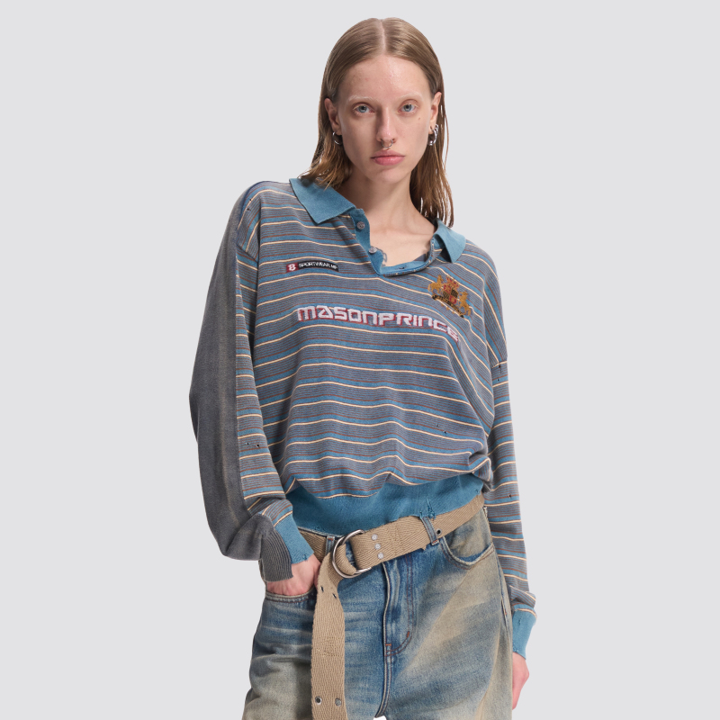 Masonprince｜Double Horse Embroidery Deconstructed Striped Color-Blocked Sweater