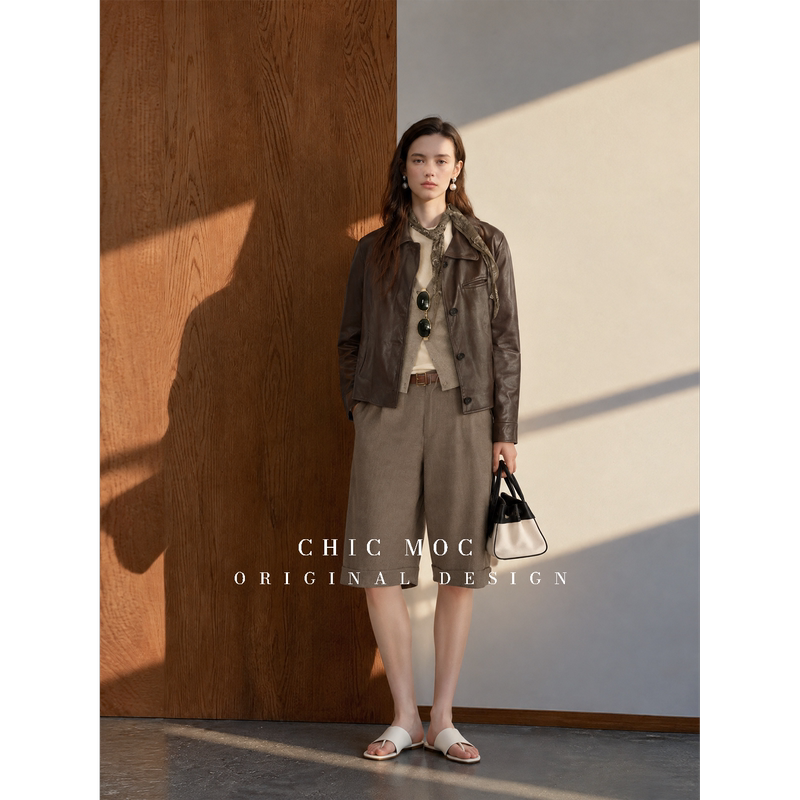 Chicmoc High-End Italian Imported Lambskin Jacket, Minimalist and Stylish Genuine Leather Coat with a Turn-Down Collar