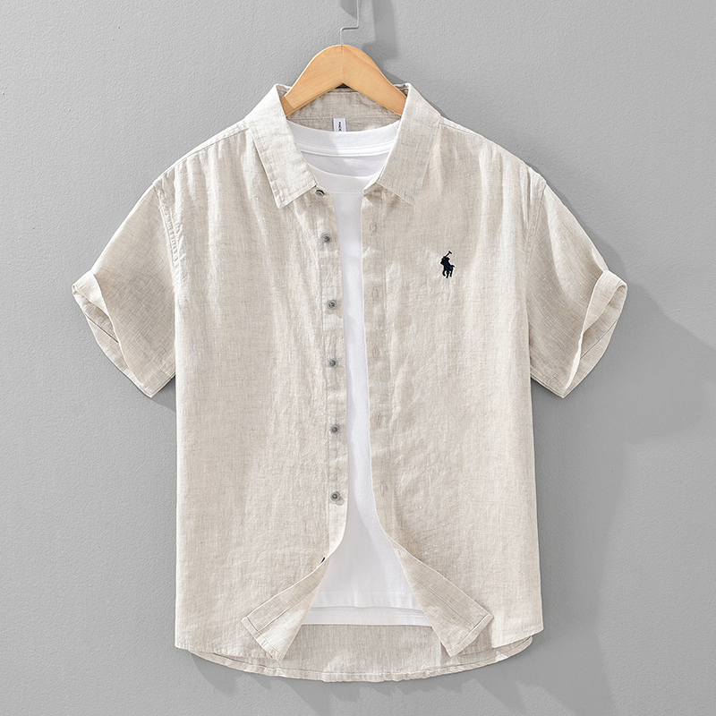 High-End Pure Linen Shirt Men's Short-Sleeved Printed Top Summer Thin Breathable Full Linen Loose Cotton and Linen Shirt
