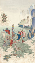 Copy and print Xia Jingshan Dragon Palace worship South China Sea Guanyin 81x143cm Silk