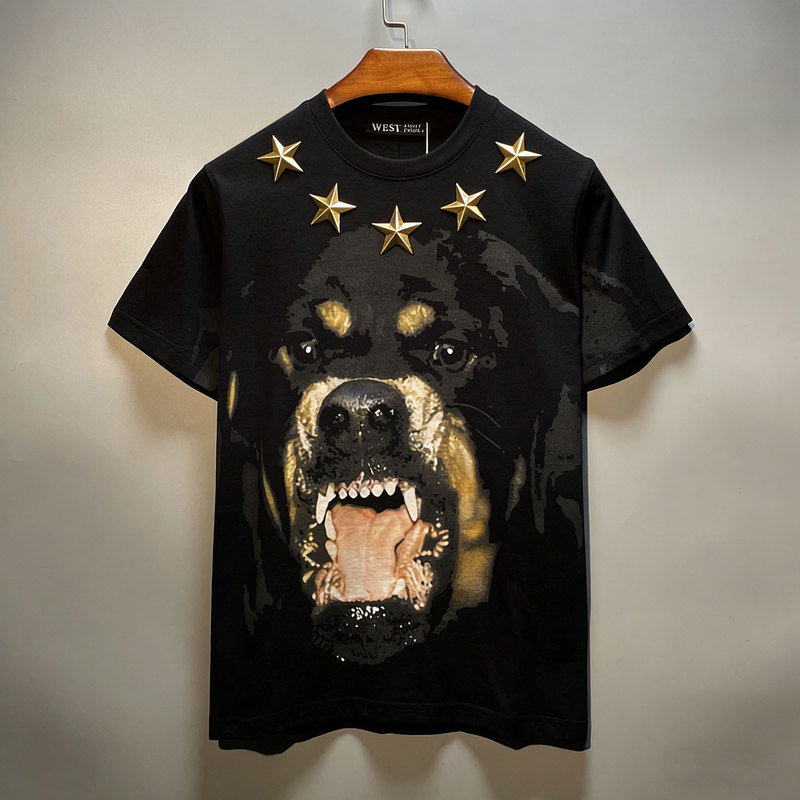 New Trendy Brand ins Round-Neck High-Quality Personalized Golden Five-Pointed Star Dog Head Fashion Trendy T-Shirt Short-Sleeved Unisex Summer