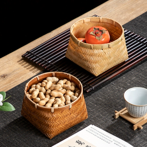 Корзина из натурального бамбука ручной работы, квадратное дно, бамбуковая корзина с круглым горлышком, корзина для хранения закусок, бытовая антикварная небольшая корзина